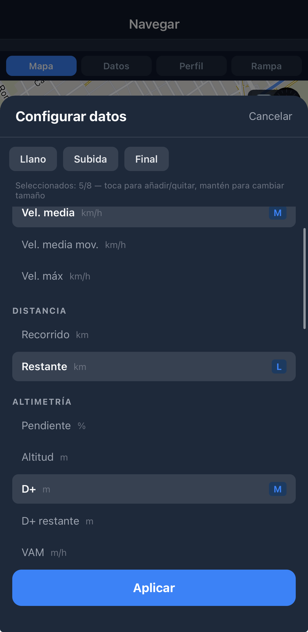 Configuración de los datos que se muestran en ruta