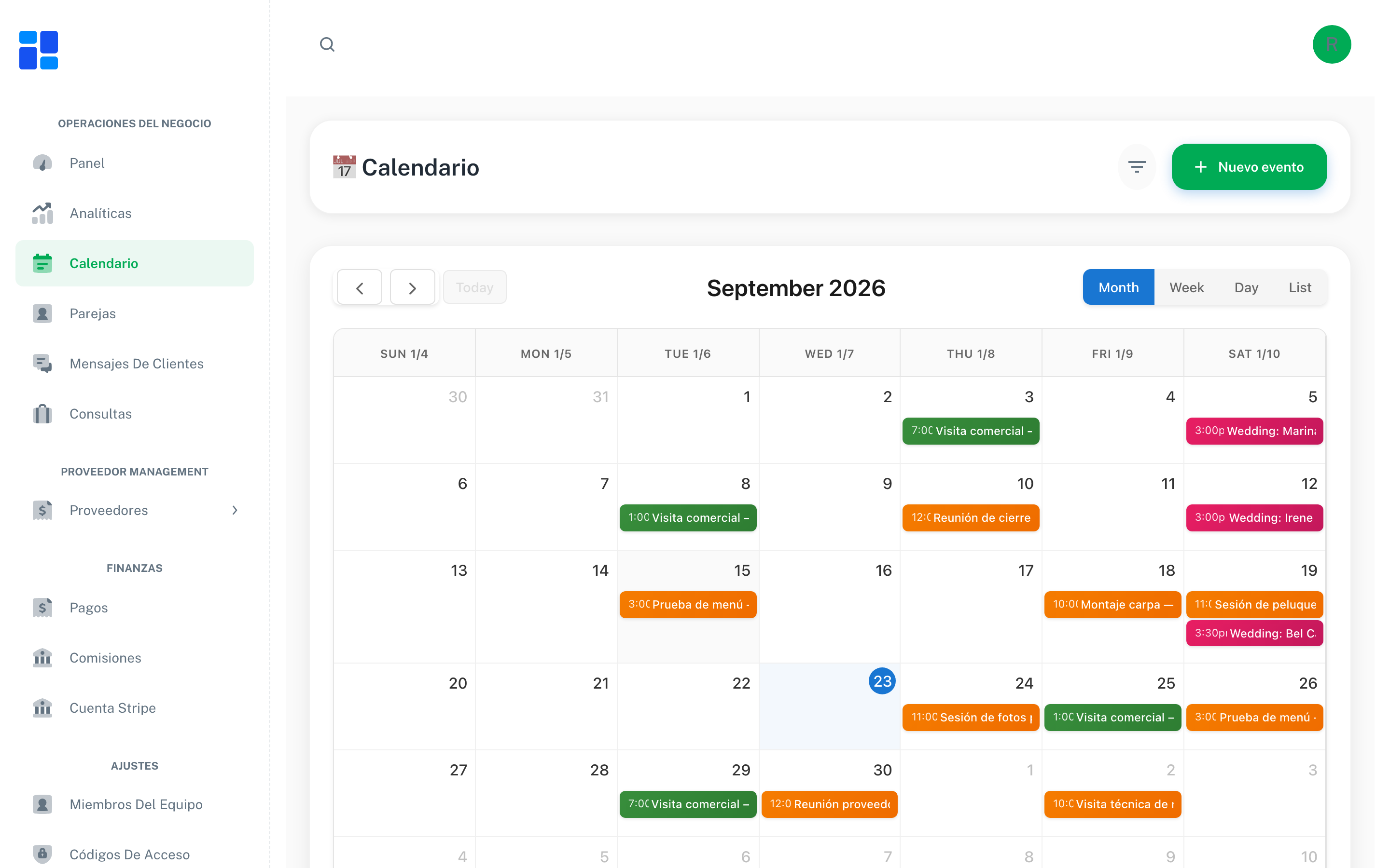 Calendario de temporada de una finca en WedDash
